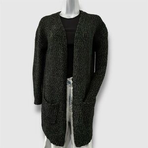 Forest Green Textured Open Front Long Cardigan Sweater XS